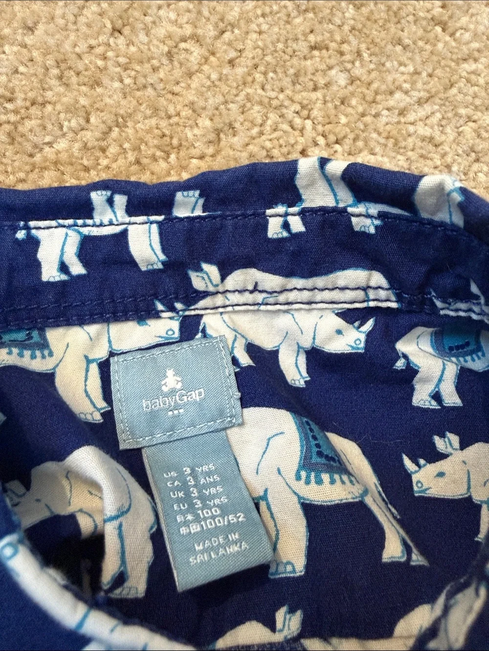 Baby GAP Navy Woven Cotton Button-Down Shirt with White Rhino Print Size 3